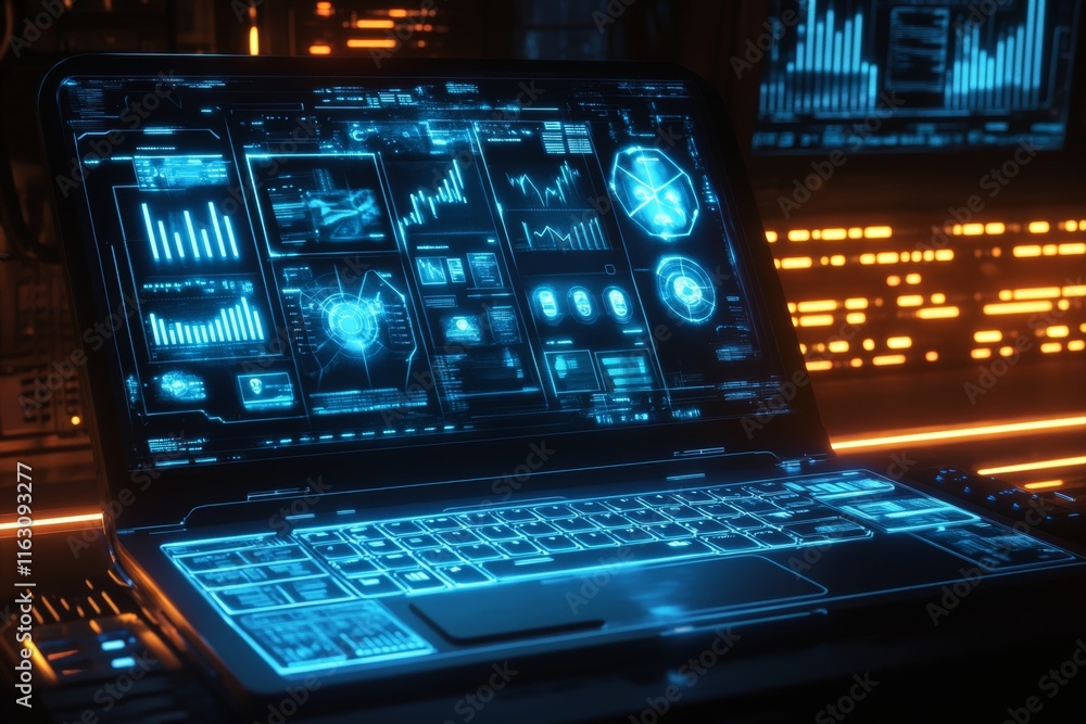 Poster futuristic digital interface on laptop with illuminated keyboard in a high tech workspace