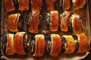 Top view of freshly baked poppy seed roll pastries with a chocolate topping on the baking tray on parchment paper. Homemade dessert for a tea parties or cozy celebrations.