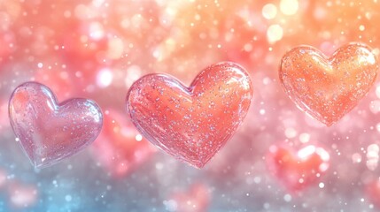 Obraz premium Three Glittering Hearts Float in a Soft Pink Haze