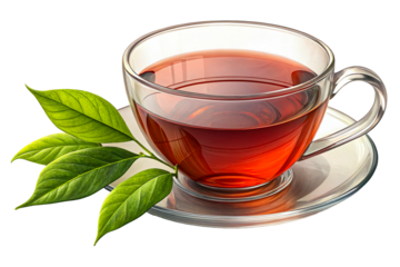 Freshly brewed tea served in a clear glass cup with green leaves on a saucer isolated on transparent background