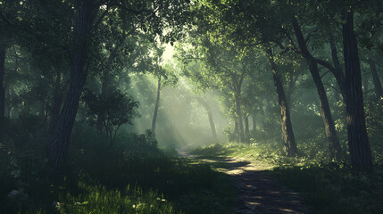 Obraz premium Ethereal Dawn in a Serene Forest: A Hidden Sanctuary and Nature's Beauty Unveiled