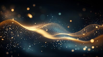 Ethereal abstract composition of swirling golden light trails and glowing bokeh on dark background
