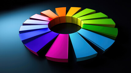 Obraz premium A captivating donut chart featuring thin segmented rings in vibrant hues, with a central hole and soft shadows that enhance its 3D appearance, elegantly displayed on a dark surface