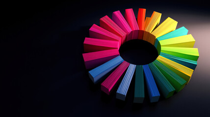 Obraz premium A captivating donut chart featuring thin segmented rings in vibrant hues, with a central hole and soft shadows that enhance its 3D appearance, elegantly displayed on a dark surface