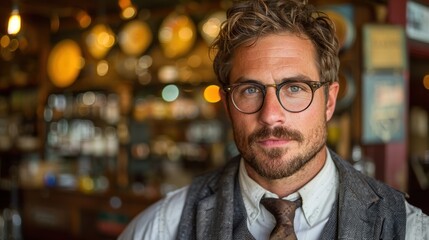 Portrait of a Man with Glasses in a Cozy Vintage Cafe Setting, Surrounded by Warm Ambient Lighting and Characterful Decor