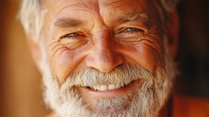 Close-up portrait of a smiling elderly person with a joyful expression, showcasing detailed facial features including a prominent white beard and expressive eyes