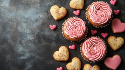 Pink frosted cupcakes and heart shaped cookies arranged on a dark background