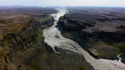 Aerial view of Jokulsargljufur Canyon, stream of the river Jokulsa, fliying direction to Dettifoss waterfall.