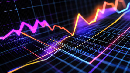 Naklejka premium A captivating multi-series chart featuring glowing, intersecting lines in vibrant colors, set against a holographic dark grid background, ideal for showcasing complex data trends.