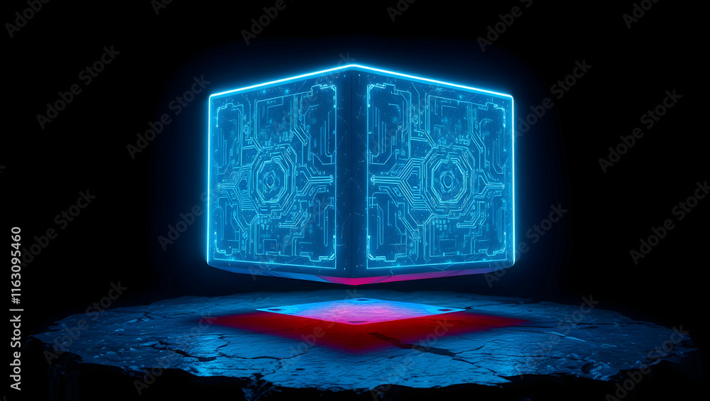 Poster glowing blue cube with circuit pattern hovers over a red-lit stone platform.