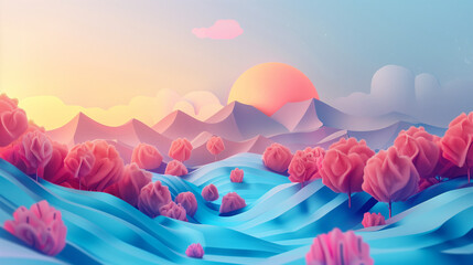 Fototapeta premium Dreamy Sunset Over Vibrant Fantasy Landscape with Pink Trees and Rolling Hills in Whimsical 3D Illustration