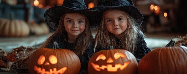 Fototapeta premium Two young girls dressed in witch costumes celebrate Halloween surrounded by carved pumpkins with glowing faces and autumnal decorations.