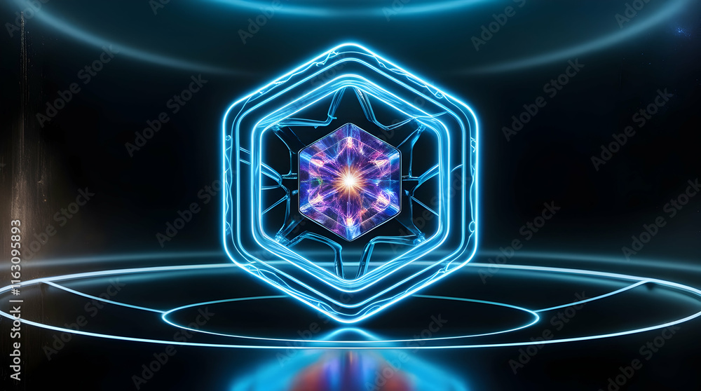 Poster glowing hexagonal portal surrounding a smaller cube in a futuristic setting with neon lights.