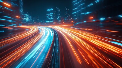 Obraz premium Dynamic and futuristic nighttime cityscape with vibrant streaks of lights capturing the essence of urban motion and modern energy flow