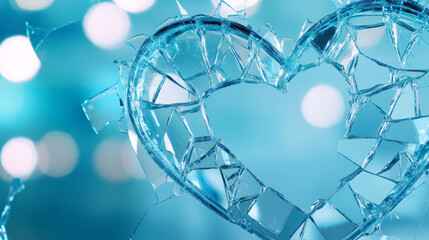 Broken heart made of glass reflecting soft blue light