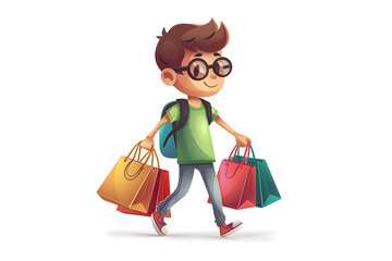 The illustration shows a happy boy with glasses and a backpack shopping joyfully, holding colorful bags. It reflects the fun and excitement of retail experiences for children