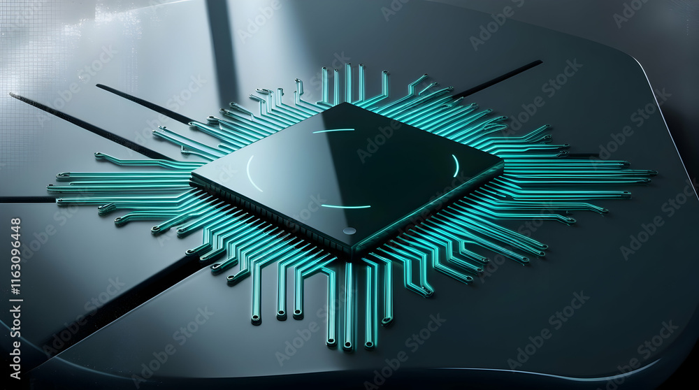 Poster illuminated chip on dark surface with circuits.