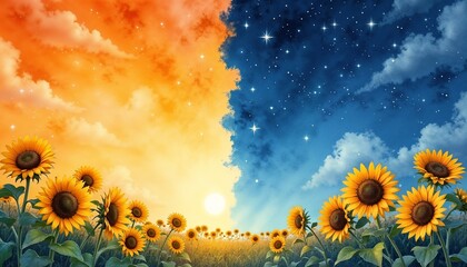 Balanced day and night scene with sunflowers under sunset and starry sky