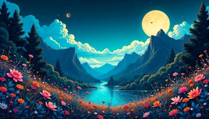 Balanced day and night landscape with full moon, river, mountains, and colorful flowers