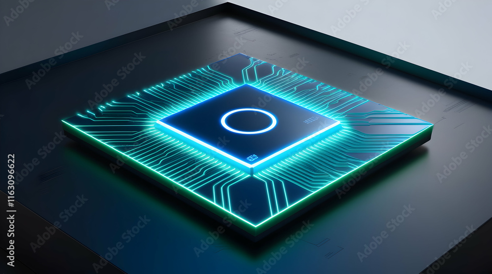 Poster illuminated computer chip with circuit lines on a dark background.
