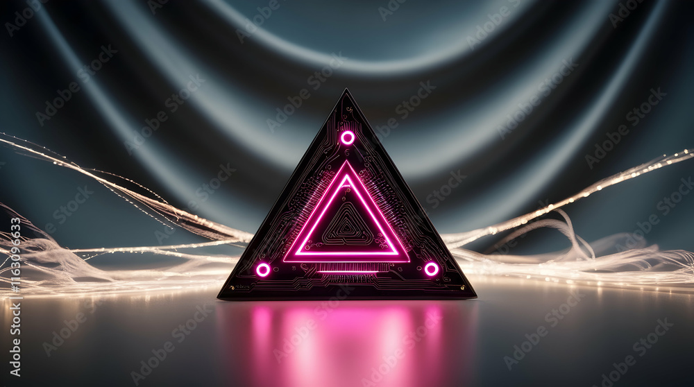 Poster illuminated pink neon triangle on a dark reflective surface with a draped gray background and flowin