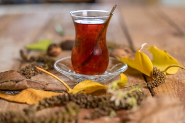 Turkish tea in a glass called thin waist and various natural leaves and plants around it with blurred lights in the background