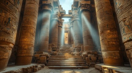 Sunbeams illuminate ancient temple interior, stone columns, hieroglyphs, stairs.