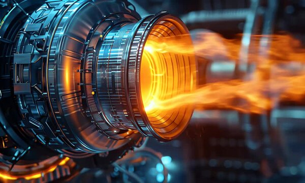 A close-up of a futuristic jet engine with flames, showcasing advanced technology and design.