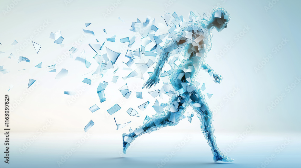 Poster running figure composed of fragmented crystal elements
