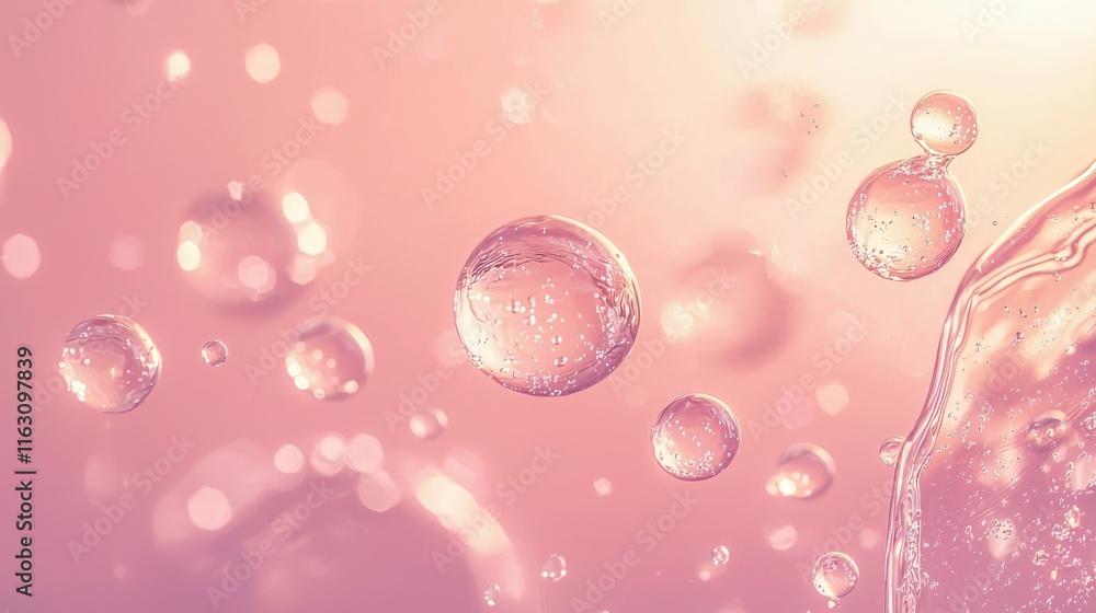 Poster bubbles floating in a soft pink background create a dreamy, ethereal atmosphere.
