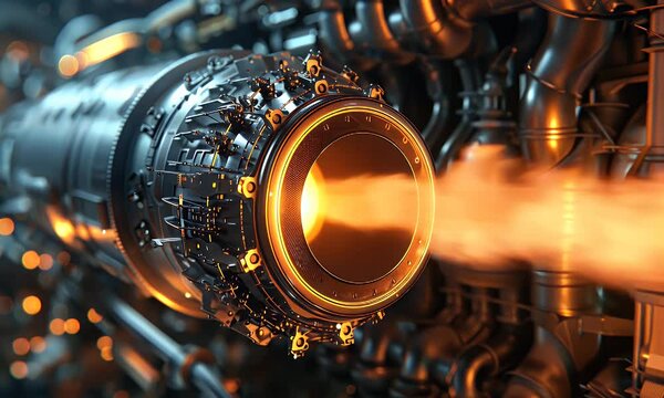 A close-up of a futuristic jet engine emitting bright orange energy.