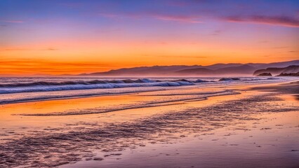 Fototapeta premium Idyllic coastal landscape featuring sunset, waves gracefully meeting shore, dramatic colors creating a peaceful ambiance, ideal for promoting beach vacations, relaxation, and natural beauty.