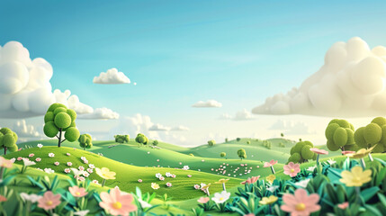 Lush Green Hills and Vibrant Wildflowers Under a Clear Blue Sky - Whimsical Landscape Illustration for Tranquil Environments and Nature-Themed Designs