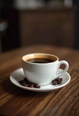 An espresso cup rests on a rustic wooden table, encircled by rich coffee beans, evoking a warm and inviting setting perfect for enjoying a quiet moment. Generative AI