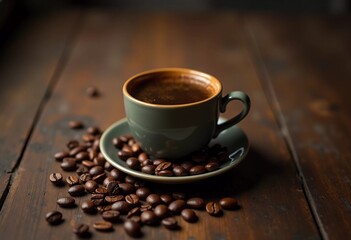 Fototapeta premium An espresso cup rests on a rustic wooden table, encircled by rich coffee beans, evoking a warm and inviting setting perfect for enjoying a quiet moment. Generative AI