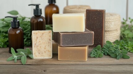 Natural handmade soaps arranged on rustic wooden surface. Organic skincare products, fresh herbs displayed. Eco-friendly toiletries, bodycare items featured. Sustainable, homemade beauty products
