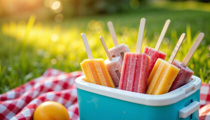 Colorful fruit popsicles in a cooler by a picnic blanket on a sunny day