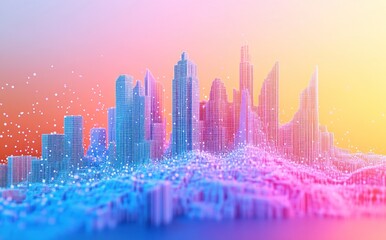 Fototapeta premium Futuristic Cityscape: A Digital Metropolis Rising from a Vibrant, Data-Driven Landscape