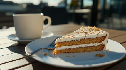 A slice of carrot cake with cream frosting and a drizzle of nuts on a plate, accompanied by a cup of coffee on a sunny outdoor patio table. Copy space 