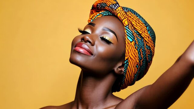 Woman poses confidently in vibrant headwrap against a bright yellow background highlighting her beauty and elegance