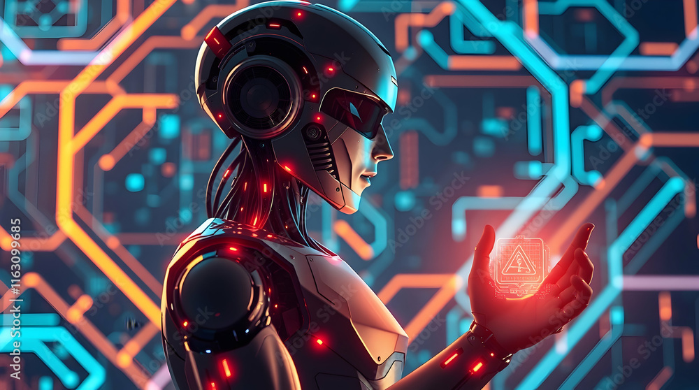 Poster robot holds digital warning symbol over circuit board background.