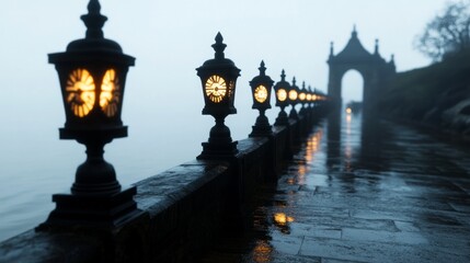 Fototapeta premium A misty walkway lined with glowing street lamps, leading to an ornate archway in the distance, creating a moody and atmospheric scene. 