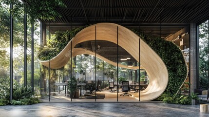Modern office with biophilic design, wood and greenery.