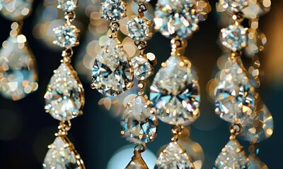 A close-up of sparkling crystal chandelier droplets reflecting light beautifully. - Powered by Adobe