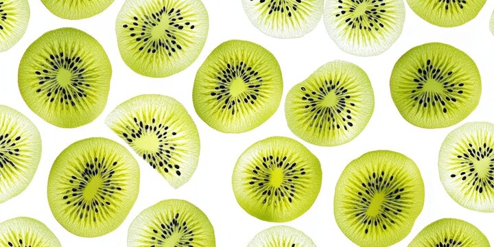 A pattern of thin kiwi slices beautifully arranged on a white background, the bright green color of the flesh and black seeds create an interesting texture.