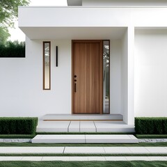 natural wooden front door at modern house entrance