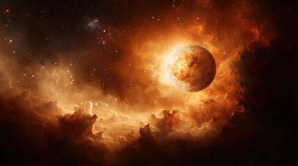 Fototapeta premium A stunning cosmic scene featuring a fiery planet surrounded by vibrant clouds and distant stars in a celestial atmosphere.
