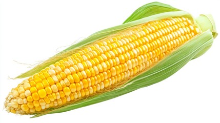 A fresh ear of corn with bright yellow kernels and green husks is displayed, showcasing its natural beauty. Perfect for grilling or serving at summer gatherings