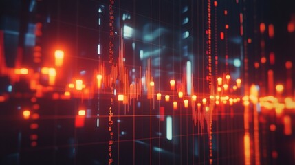 Bright red and orange data visualizations pulse and flow across a dark background, creating an abstract depiction of digital information movement in a modern urban setting