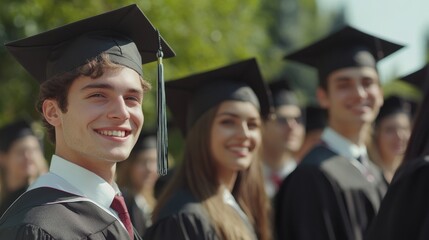 Fototapeta premium Students dressed in graduation caps and gowns stand outdoors on a bright day, smiling as they celebrate their achievement. The scene captures joy and pride during a memorable milestone